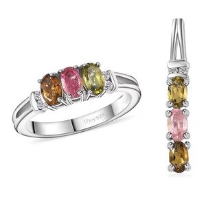 NWT Multi Tourmaline Trilogy Ring & Pendant Set in Rhodium over .925 Sterling!